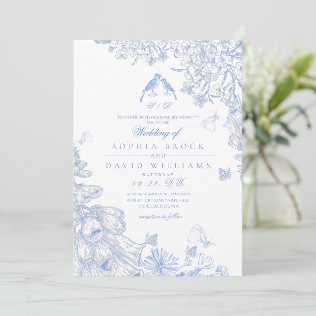 Blue White Classic French Wildflower Wedding  Invitation (Standing Front)