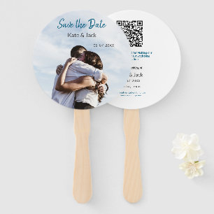 BLUE WHITE CLASSIC SCAN QR SAVE THE DATE HAND FAN
