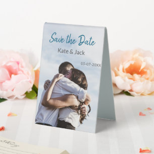 BLUE WHITE CLASSIC SCAN QR SAVE THE DATE TABLE TENT