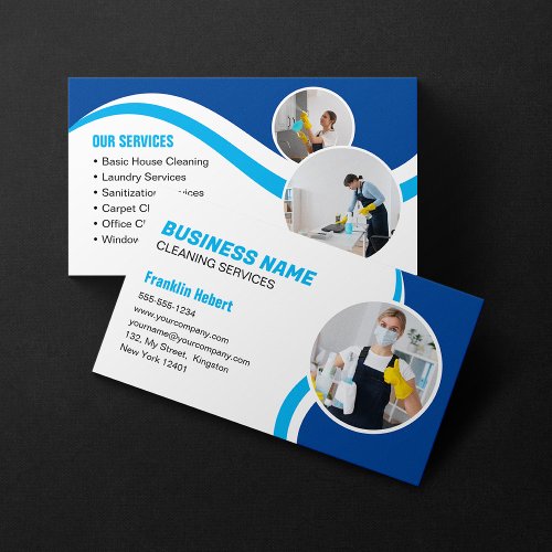 Blue White Cleaning Service Housekeeping Maid Business Card