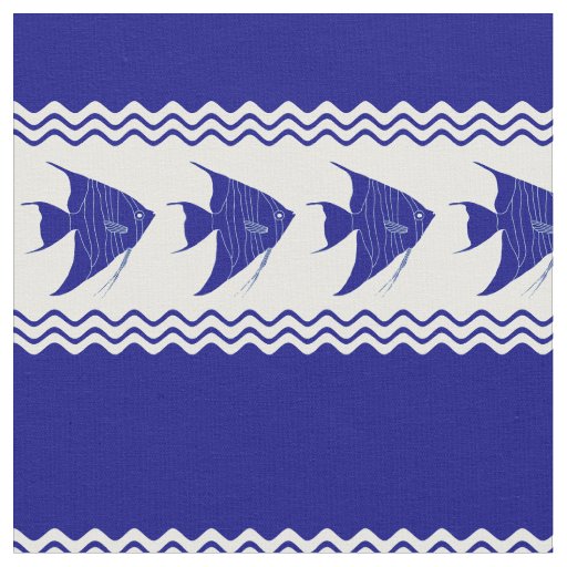 Blue White Coastal Angelfish Stripes Fabric