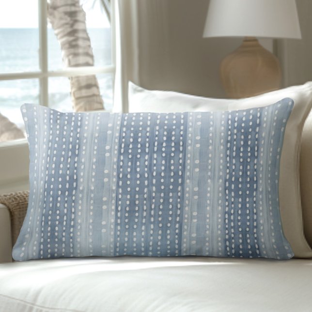 Blue & White Coastal Boho Dots & Stripes Lumbar Pillow (Creator Uploaded)