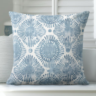 Blue & White Coastal Boho Throw Pillow