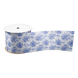 Blue White Coastal Chinoiserie Porcelain Floral Satin Ribbon
