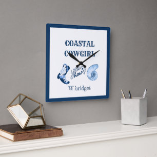 blue & white coastal cowgirl  square wall clock