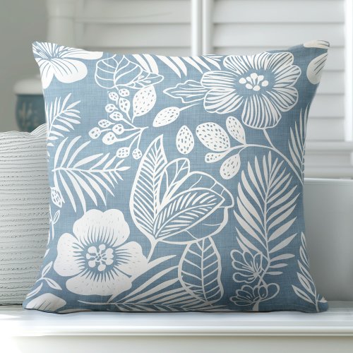 Blue  White Coastal Floral Throw Pillow