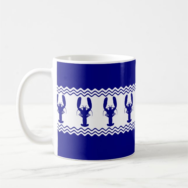 Blue White Coastal Lobster Stripes Coffee Mug (Left)