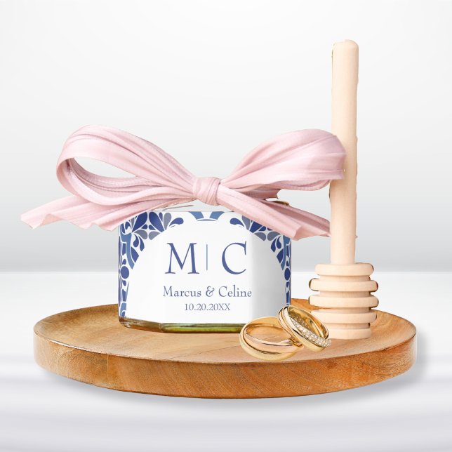 Blue & White Coastal Mediterranean Edible Wedding Honey Jar Favors (Wedding Guest Gift Favors - Mini Honey)