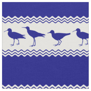 Blue White Coastal Sandpiper Bird Stripes Fabric