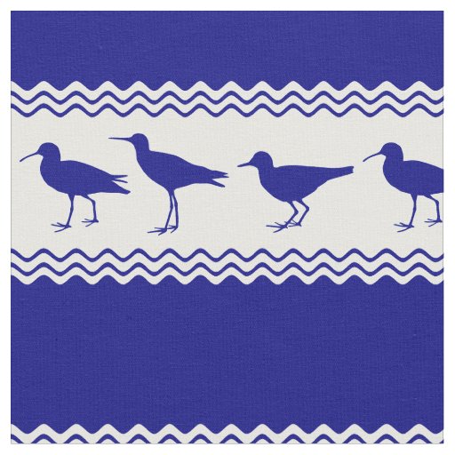 Blue White Coastal Sandpiper Bird Stripes Fabric