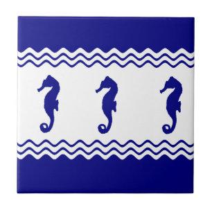 Blue White Coastal Seahorses Stripes Ceramic Tile