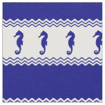 Blue White Coastal Seahorses Stripes Fabric