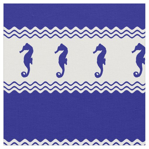 Blue White Coastal Seahorses Stripes Fabric