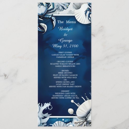 blue  white coastal vibe wedding program  menu