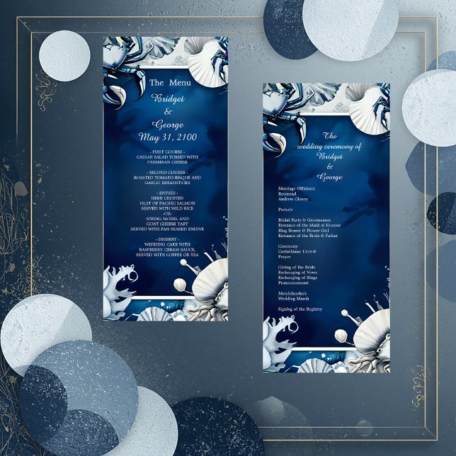 blue & white coastal vibe wedding program & menu (Creator Uploaded)