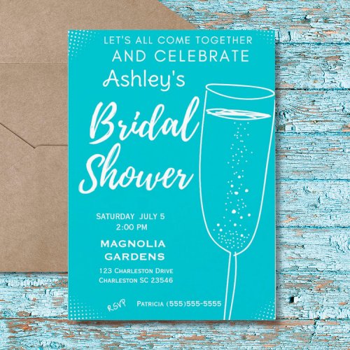 Blue White Cocktail Glass Bubbly  Bridal Shower   Invitation