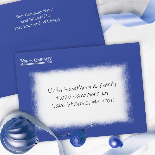 Blue, White Company Business Pre-addressed 5x7 Envelope (blue Christmas card envelope, white logo address printed, business client holiday greeting envelopes)