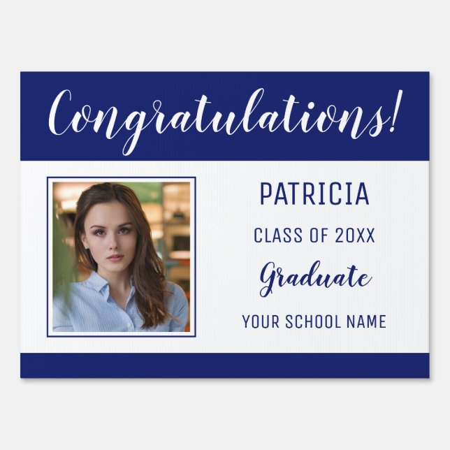 Blue White Congratulations Grad Photo Graduation Sign (Front)