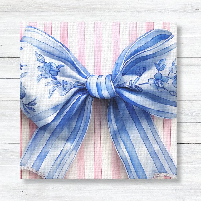 Blue & White Coquette Bow on Pink Stripes Canvas Print (Blue and White Coquette Bow with Pink Watercolor Vertical Stripes - Girls Wall Canvas Decor)