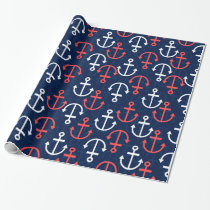 Blue White &amp; Coral Nautical Boat Anchors Pattern Wrapping Paper