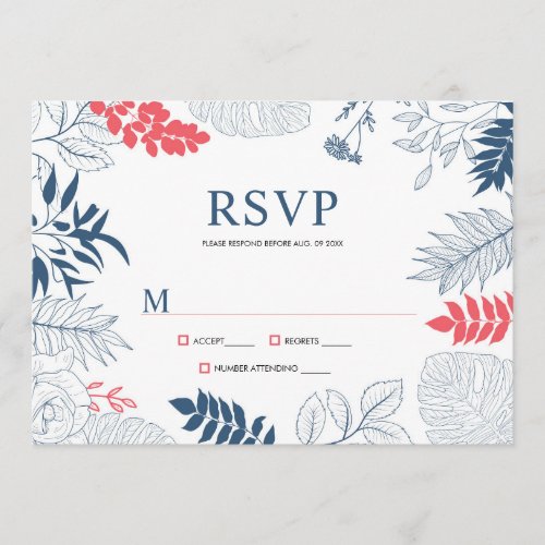 Blue white  coral_red tropical floral frame menu