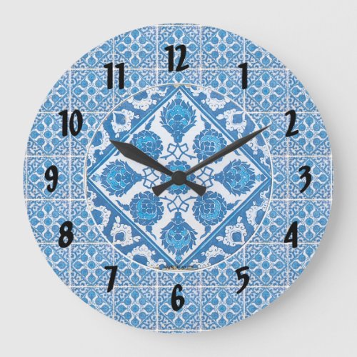 Blue White Cornflower Pattern Black Numbers Clock