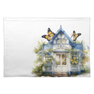 BLUE WHITE COTTAGE WITH YELLOW BUTTERFLIES CLOTH PLACEMAT