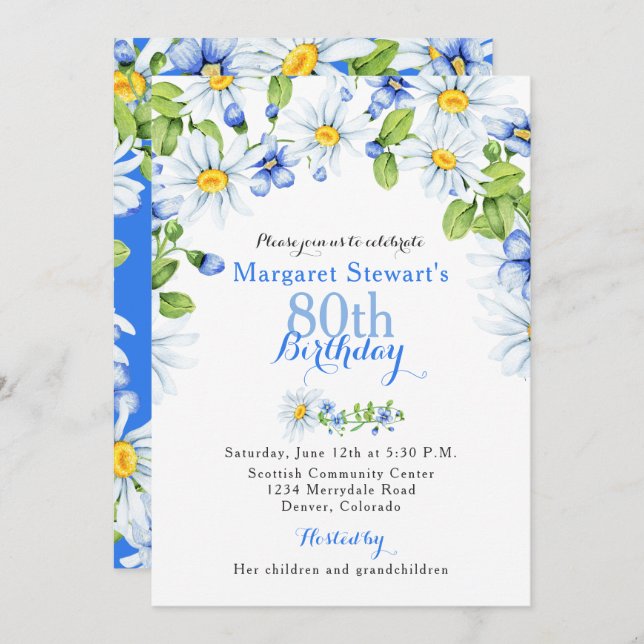 Blue White Country Daisy 80th Birthday Invite (Front/Back)