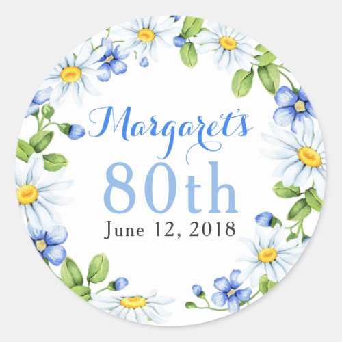 Blue White Country Daisy Floral 80th Birthday Classic Round Sticker