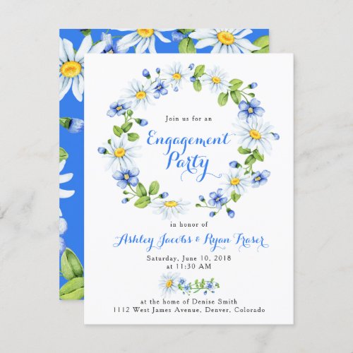 Blue White Country Daisy Floral Engagement Party Invitation