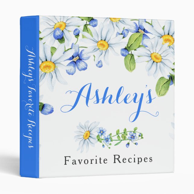Blue White Country Daisy Floral Recipe Binder (Front/Spine)