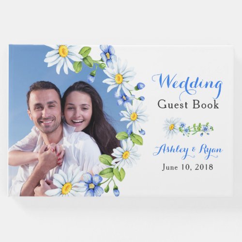 Blue White Country Daisy Floral Wedding Guest Book