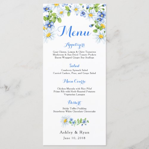 Blue White Country Daisy Floral Wedding Menu