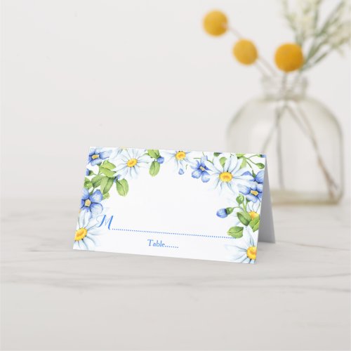 Blue White Country Daisy Floral Wedding Place Card