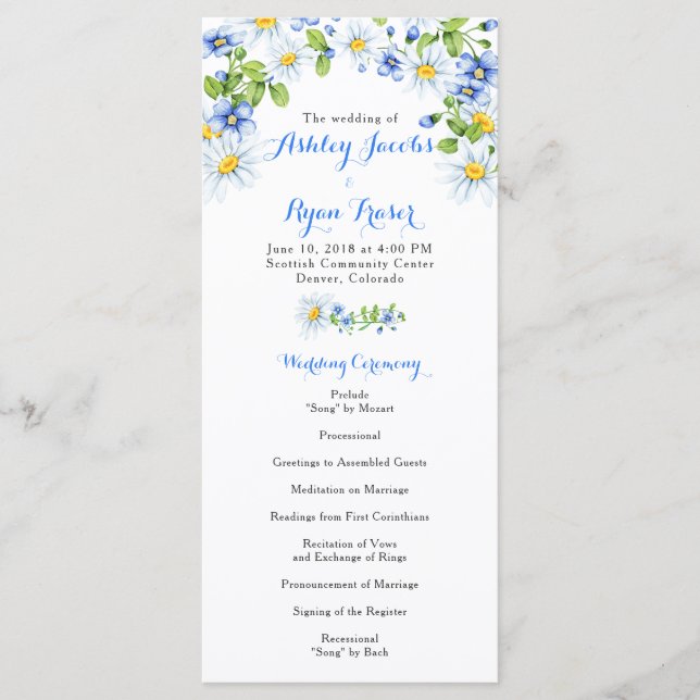 Blue White Country Daisy Floral Wedding Program (Front)