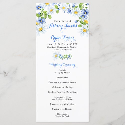 Blue White Country Daisy Floral Wedding Program