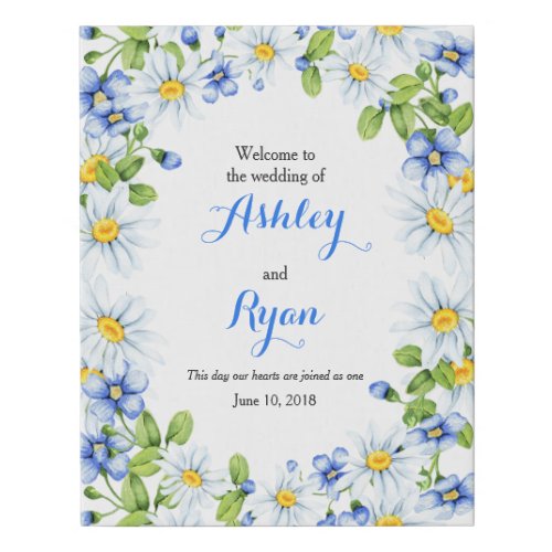 Blue White Country Daisy Floral Wedding Welcome Faux Canvas Print