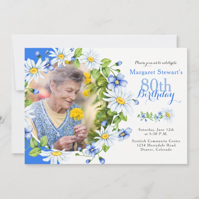 Blue White Country Daisy Photo 80th Birthday Invitation (Front)