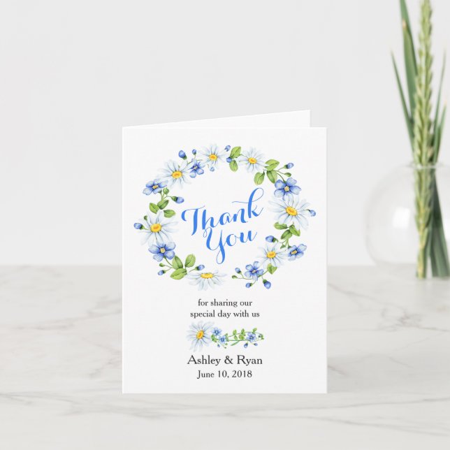 Blue White Country Daisy Photo Wedding Thank You Card (Front)