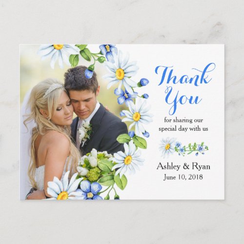 Blue White Country Daisy Photo Wedding Thank You Postcard