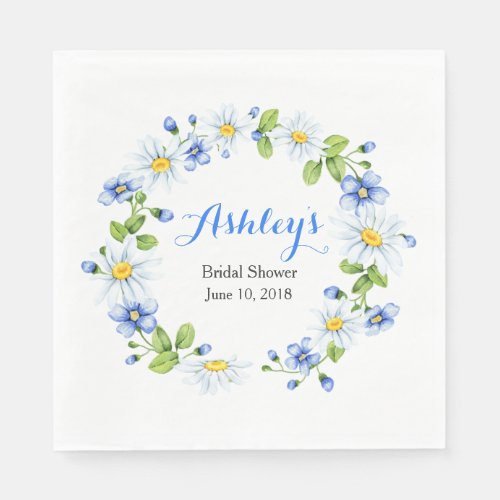 Blue White Country Daisy Wreath Bridal Shower Napkins