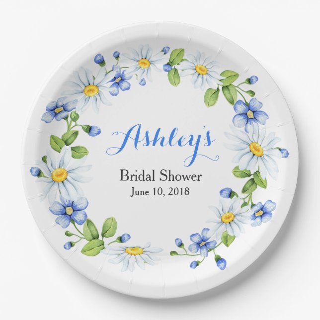 Blue White Country Daisy Wreath Bridal Shower Paper Plates (Front)