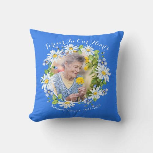 Blue White Country Daisy Wreath Photo Memorial Throw Pillow