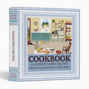 Blue White Country Gingham 1950s Recipe 3 Ring Binder