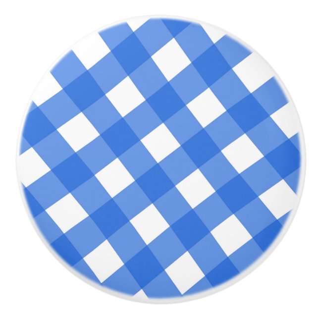 Blue & White Country Gingham Checkered Checker Ceramic Knob (Front)