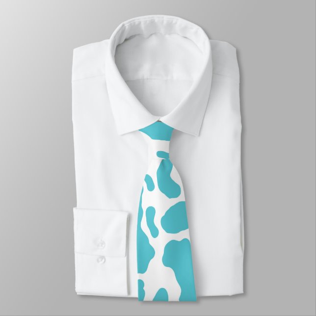 Blue & White Cow Spots Animal Print Pattern Neck Tie (Tied)