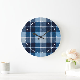 Blue White Cozy Plaid Flannel Large Clock