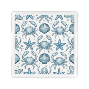 BLUE & WHITE CRABS SEASHELLS AND STARFISH ACRYLIC TRAY