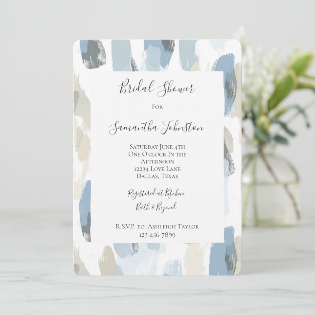 Blue White Cream Abstract Bridal Shower Invitation (Standing Front)