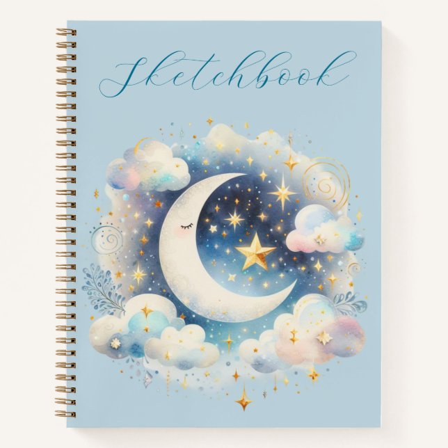 Blue White Crescent Moon Celestial Boho Sketchbook Notebook (Front)